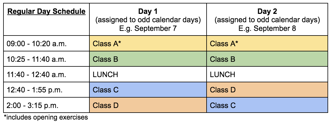 Regular School Day Schedule 2022-2023